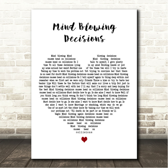 Heatwave Mind Blowing Decisions White Heart Song Lyric Wall Art Canvas Framed Print