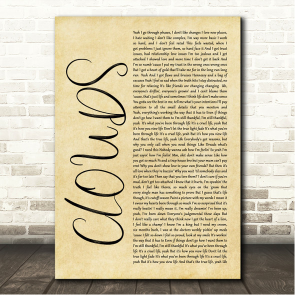 Isaiah Dreads CLOUDS Rustic Script Song Lyric Wall Art Canvas Framed Print