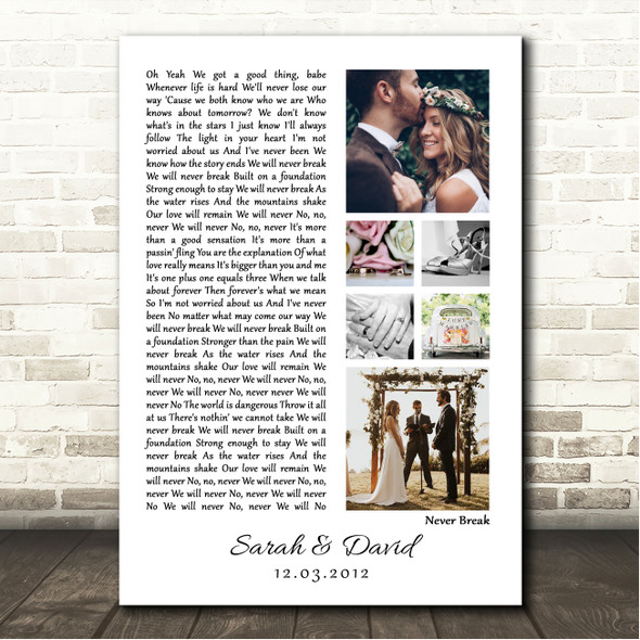 John Legend Never Break 3 or 6 Square Wedding Photos White Side Script Song Lyric Wall Art Canvas Framed Print