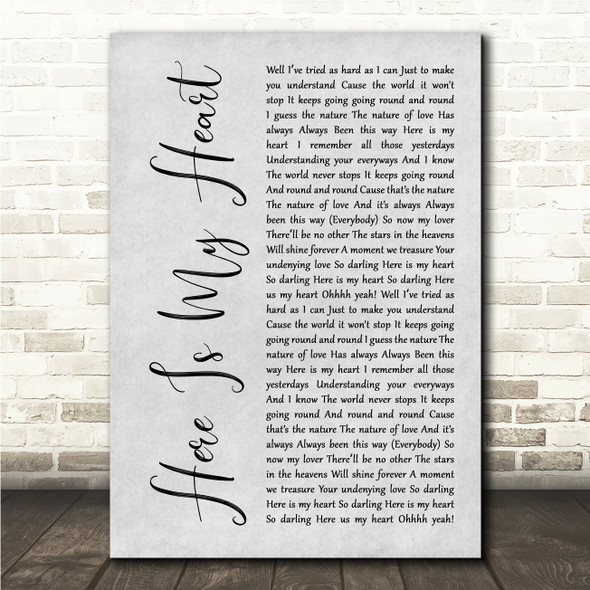 Jake & Beth Here Is My Heart Grey Rustic Script Song Lyric Wall Art Canvas Framed Print