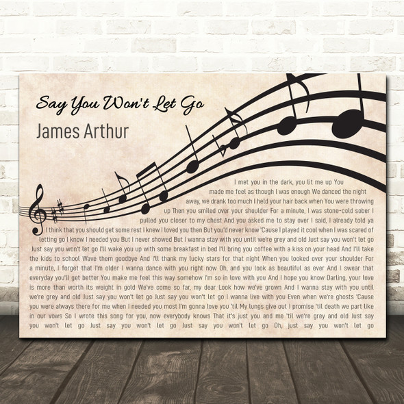 James Arthur Say You Won't Let Go Landscape Wavy Music Notes Song Lyric Wall Art Canvas Framed Print