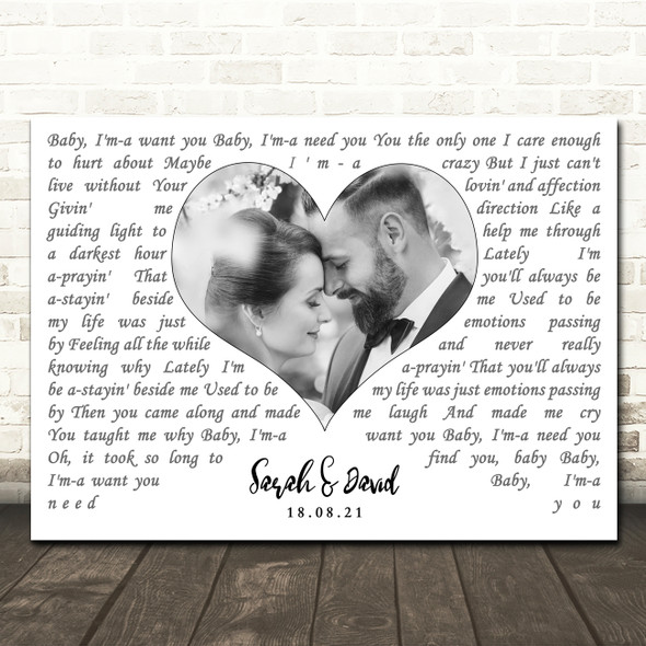 John Holt Baby Im a Want You Landscape White Heart Any Text Wedding Photo Song Lyric Wall Art Canvas Framed Print