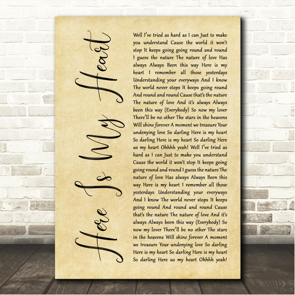 Jake & Beth Here Is My Heart Rustic Script Song Lyric Wall Art Canvas Framed Print