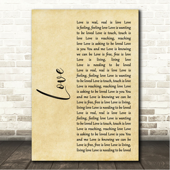 John Lennon Love Rustic Script Song Lyric Wall Art Canvas Framed Print