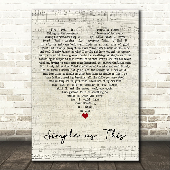 Jake Bugg Simple as This Script Heart Song Lyric Wall Art Canvas Framed Print