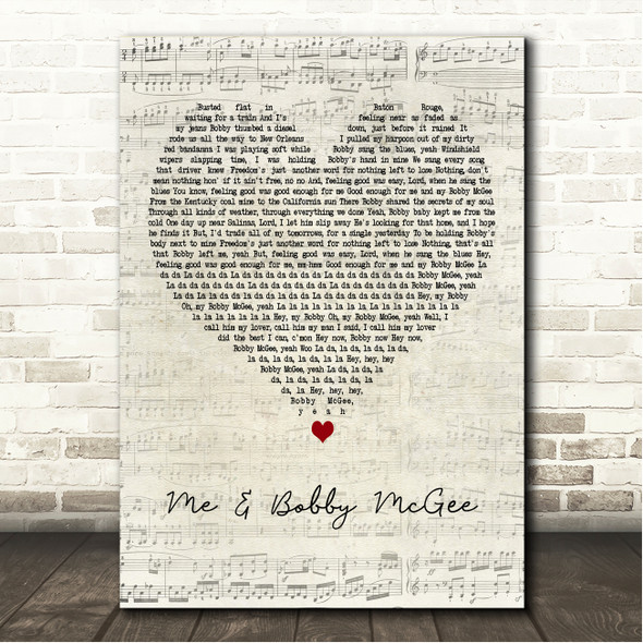 Janis Joplin Me & Bobby McGee Script Heart Song Lyric Wall Art Canvas Framed Print