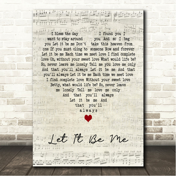 Jerry Butler & Betty Everett Let It Be Me Script Heart Song Lyric Wall Art Canvas Framed Print