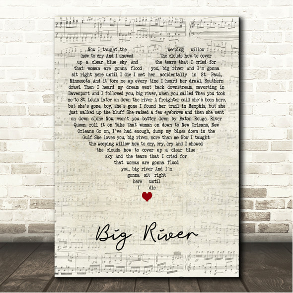 Johnny Cash Big River Script Heart Song Lyric Wall Art Canvas Framed Print