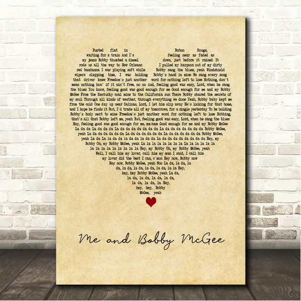 Janis Joplin Me and Bobby McGee Vintage Heart Song Lyric Wall Art Canvas Framed Print