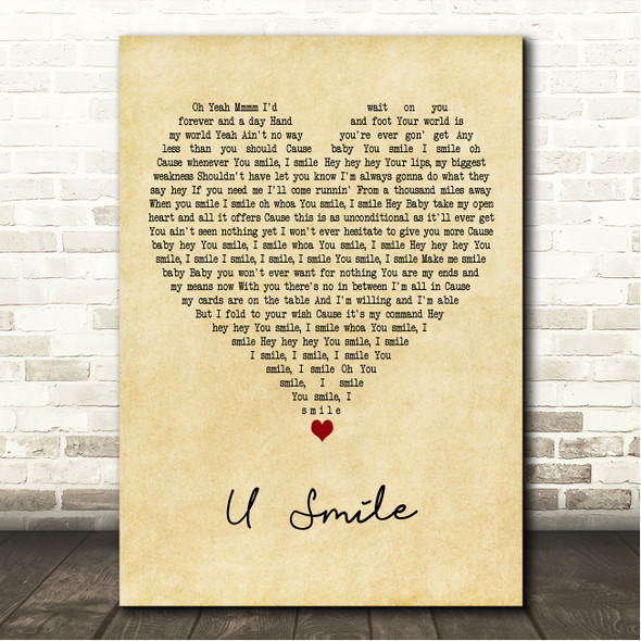 Justin Bieber U Smile Vintage Heart Song Lyric Wall Art Canvas Framed Print