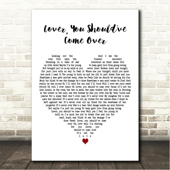 Jeff Buckley Lover, You Should've Come Over White Heart Song Lyric Wall Art Canvas Framed Print