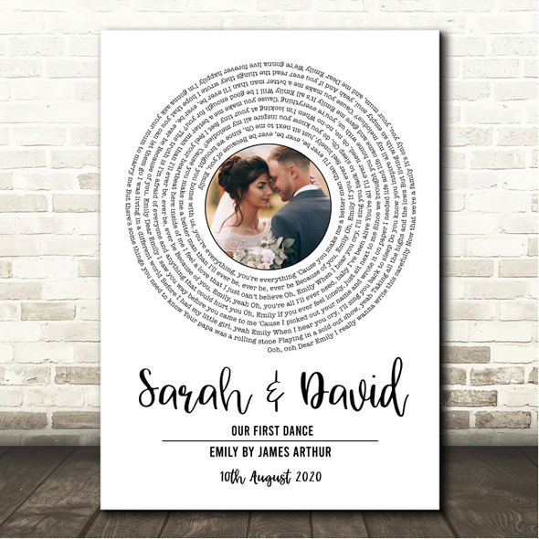 James Arthur Emily White Vinyl Record Wedding First Dance Photo Song Lyric Wall Art Canvas Framed Print