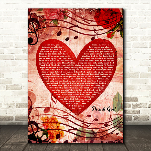 Kane Brown & Katelyn Brown Thank God Deep Red Floral Heart Song Lyric Wall Art Canvas Framed Print