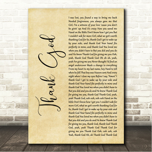 Kane Brown & Katelyn Brown Thank God Rustic Script Song Lyric Wall Art Canvas Framed Print