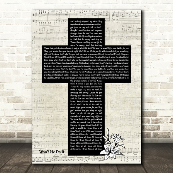 Koryn Hawthorne Wont He Do It Music Script Christian Memorial Cross Song Lyric Wall Art Canvas Framed Print