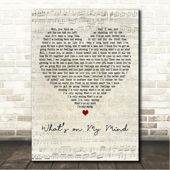 Kansas Whats on My Mind Script Heart Song Lyric Wall Art Canvas Framed Print