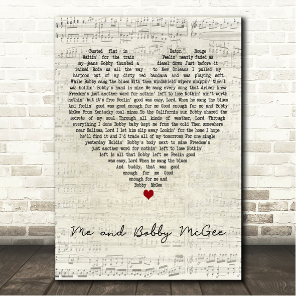 Kris Kristofferson Me and Bobby McGee Script Heart Song Lyric Wall Art Canvas Framed Print