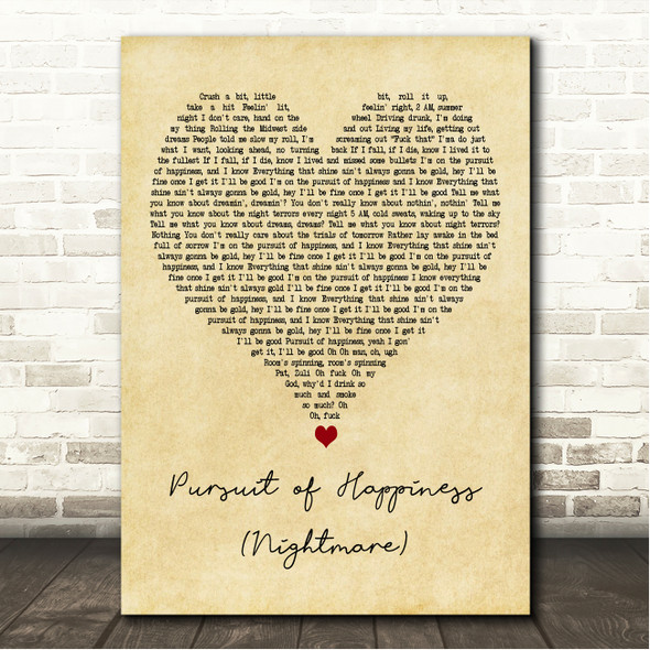 Kid Cudi Pursuit of Happiness (Nightmare) Vintage Heart Song Lyric Wall Art Canvas Framed Print