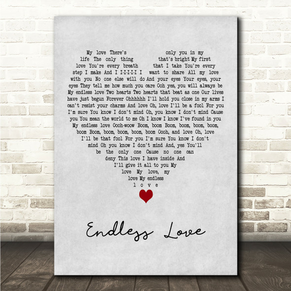 Lionel Richie & Diana Ross Endless Love Grey Heart Song Lyric Wall Art Canvas Framed Print