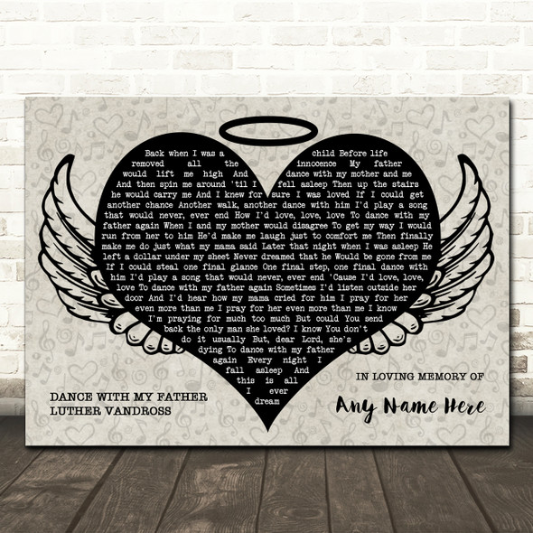 Luther Vandross Dance With My Father Heart Angel Wings Halo Memorial Song Lyric Wall Art Canvas Framed Print