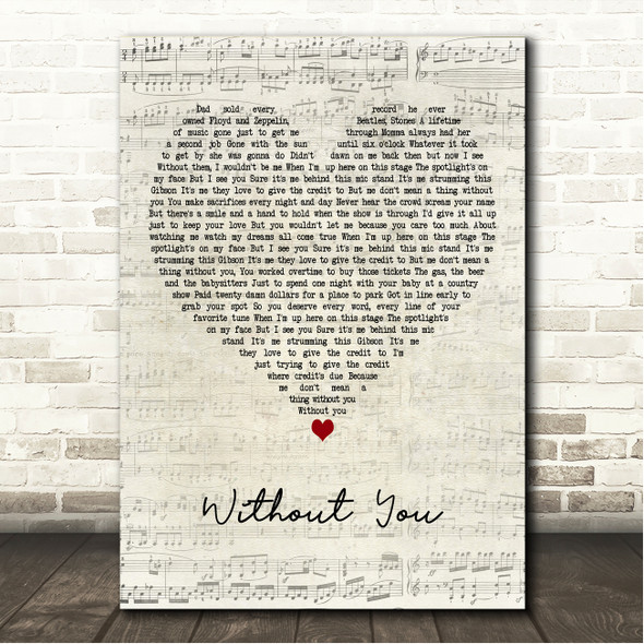 Luke Combs Without You Script Heart Song Lyric Wall Art Canvas Framed Print