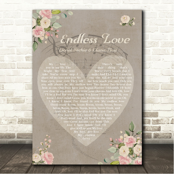 Lionel Richie & Diana Ross Endless Love Shabby Chic Floral Heart Grey Song Lyric Wall Art Canvas Framed Print