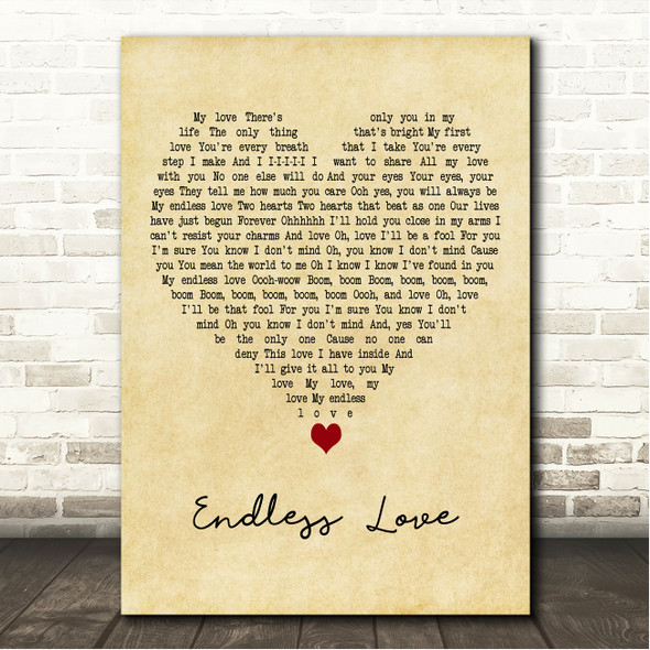 Lionel Richie & Diana Ross Endless Love Vintage Heart Song Lyric Wall Art Canvas Framed Print