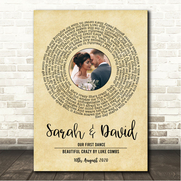 Luke Combs Beautiful Crazy Vintage Vinyl Record Wedding First Dance Photo Song Lyric Wall Art Canvas Framed Print