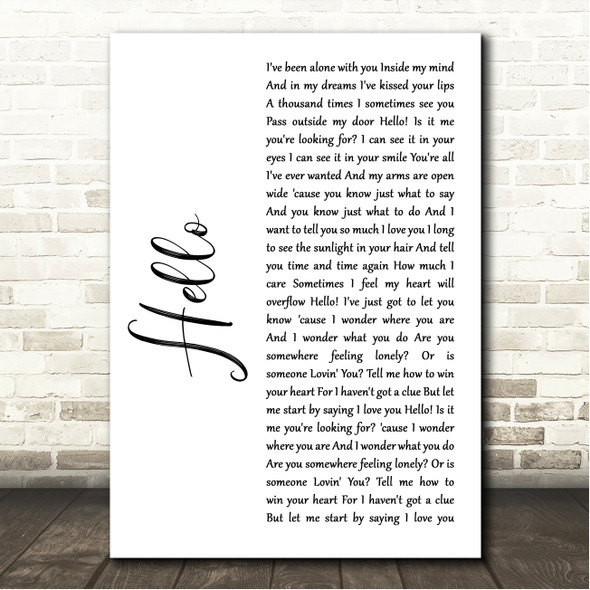 Lionel Richie Hello White Script Song Lyric Wall Art Canvas Framed Print