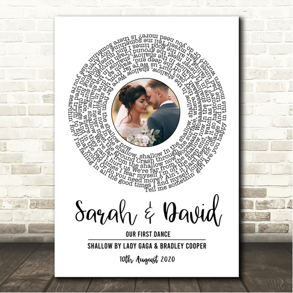 Lady Gaga & Bradley Cooper Shallow White Vinyl Record Wedding First Dance Photo Song Lyric Wall Art Canvas Framed Print