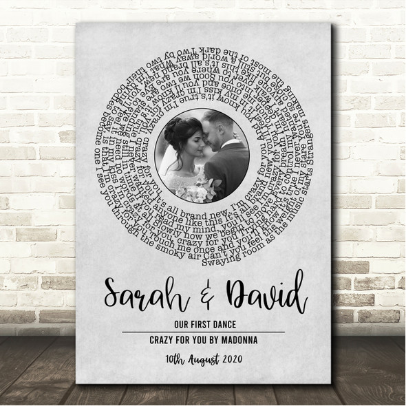 Madonna Crazy For You Grey Vinyl Record Wedding First Dance Photo Song Lyric Wall Art Canvas Framed Print