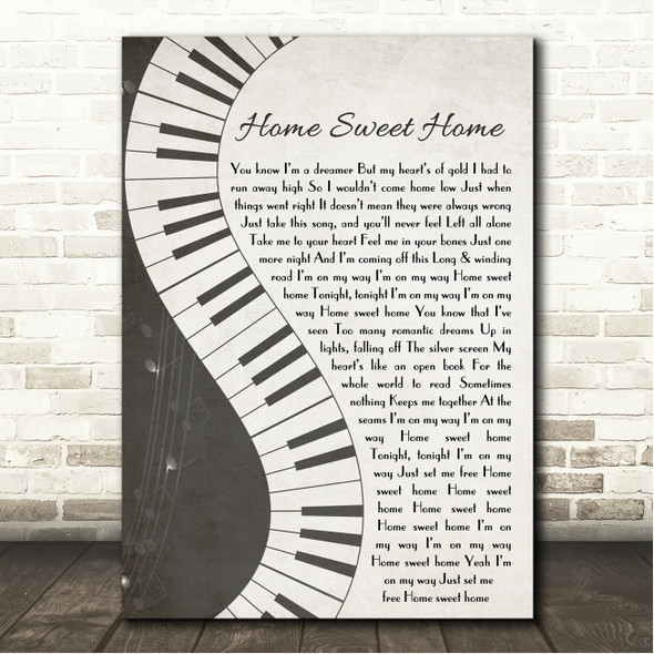 Motley Crue Home Sweet Home Rustic Grey Piano Script Song Lyric Wall Art Canvas Framed Print