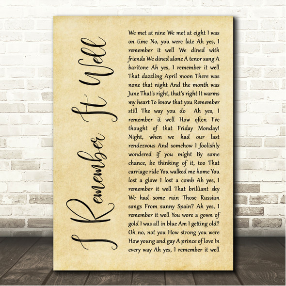 Maurice Chevalier & Hermione Gingold I Remember It Well Rustic Script Song Lyric Wall Art Canvas Framed Print