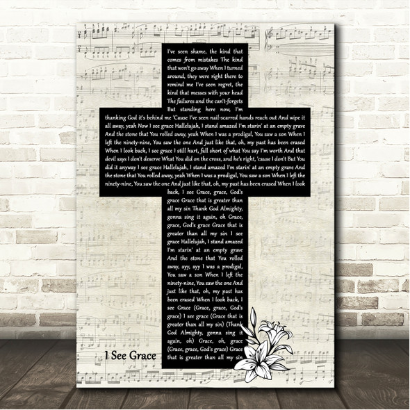 Micah Tyler I See Grace Music Script Christian Memorial Cross Song Lyric Wall Art Canvas Framed Print