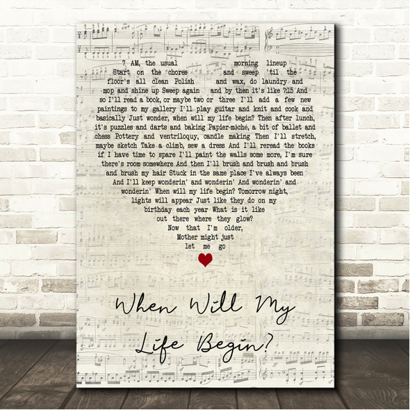 Mandy Moore When Will My Life Begin Script Heart Song Lyric Wall Art Canvas Framed Print