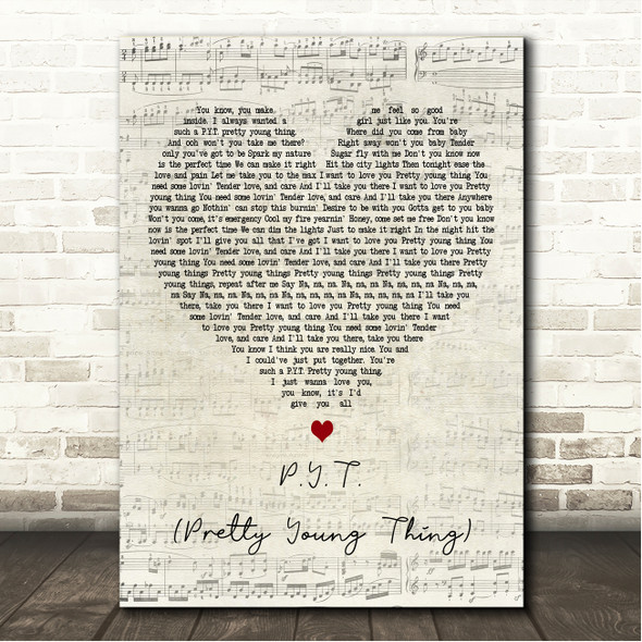 Michael Jackson P.Y.T. (Pretty Young Thing) Script Heart Song Lyric Wall Art Canvas Framed Print