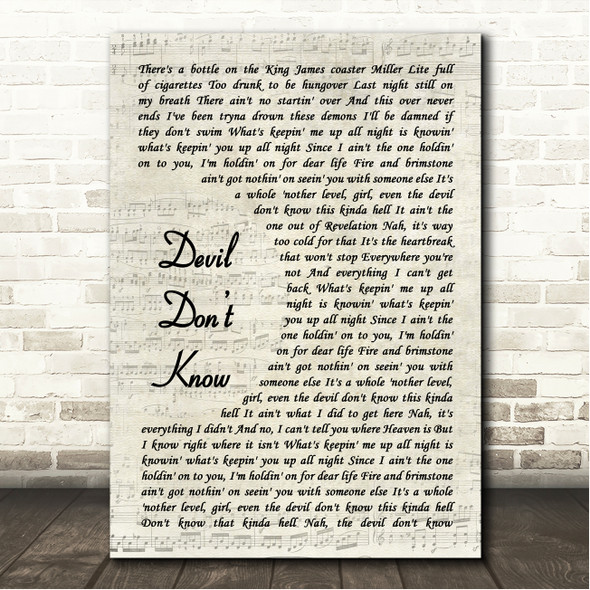 Morgan Wallen Devil Dont Know Vintage Script Song Lyric Wall Art Canvas Framed Print