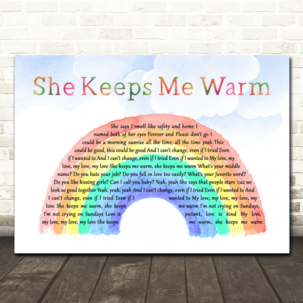 Mary Lambert She Keeps Me Warm Watercolour Rainbow & Clouds Song Lyric Wall Art Canvas Framed Print