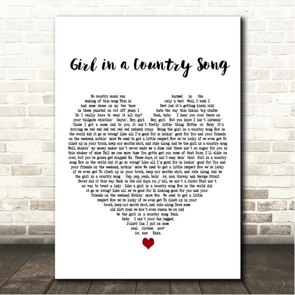 Maddie & Tae Girl in a Country Song White Heart Song Lyric Wall Art Canvas Framed Print