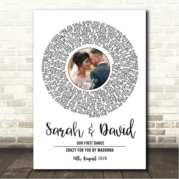 Madonna Crazy For You White Vinyl Record Wedding First Dance Photo Song Lyric Wall Art Canvas Framed Print