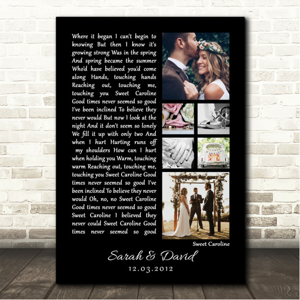 Neil Diamond Sweet Caroline 3 or 6 Square Wedding Photos Black Side Script Song Lyric Wall Art Canvas Framed Print