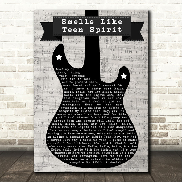 Nirvana Smells Like Teen Spirit Electric Guitar Music Script Song Lyric Wall Art Canvas Framed Print