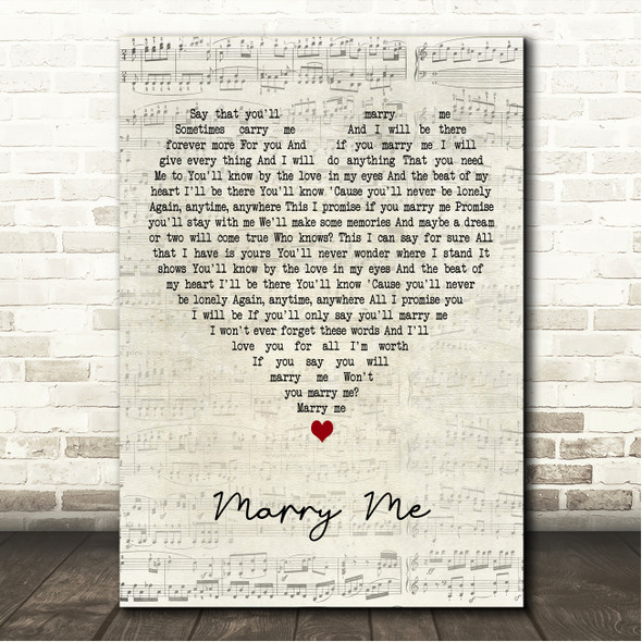 Neil Diamond Marry Me Script Heart Song Lyric Wall Art Canvas Framed Print