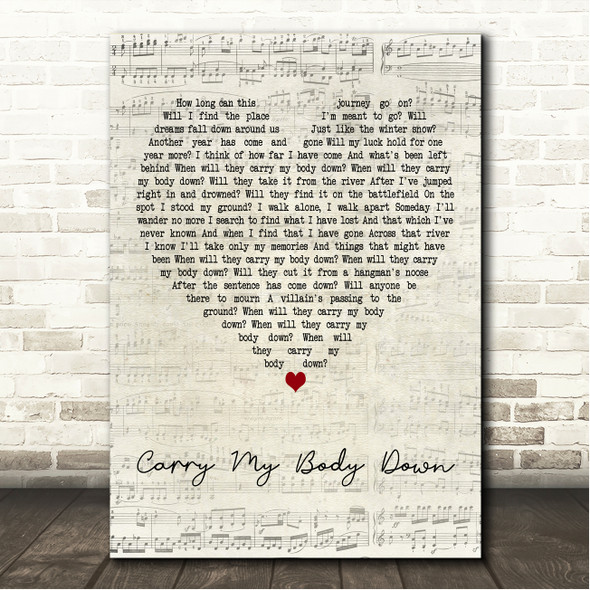 Nick 13 Carry My Body Down Script Heart Song Lyric Wall Art Canvas Framed Print