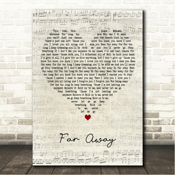Nickleback Far Away Script Heart Song Lyric Wall Art Canvas Framed Print