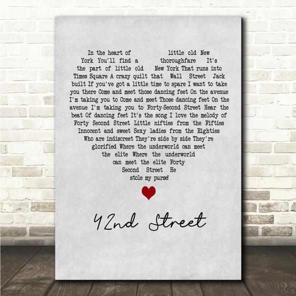 Original Broadway Cast of 42nd Street 42nd Street Grey Heart Song Lyric Wall Art Canvas Framed Print