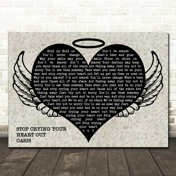 Oasis Stop Crying Your Heart Out Heart Angel Wings Halo Memorial Song Lyric Wall Art Canvas Framed Print