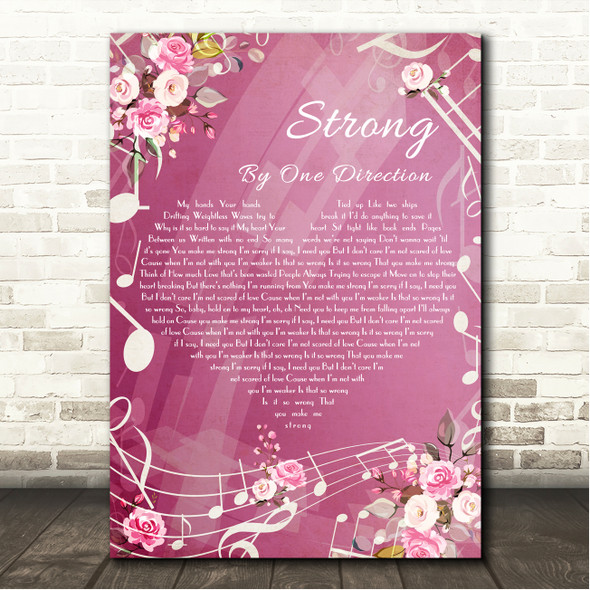 One Direction Strong Pink Floral Music Notes Heart Song Lyric Wall Art Canvas Framed Print