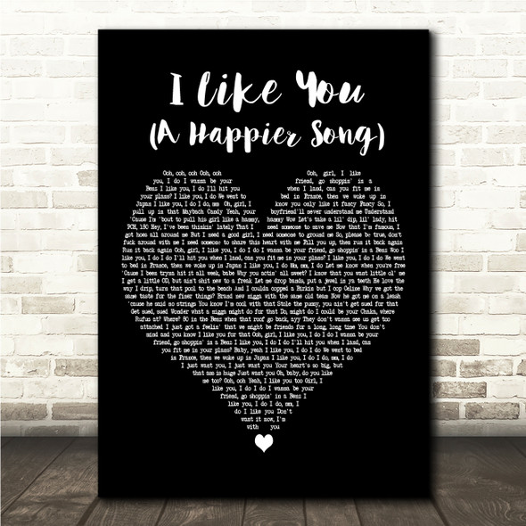 Post Malone I Like You (A Happier Song) Black Heart Song Lyric Wall Art Canvas Framed Print
