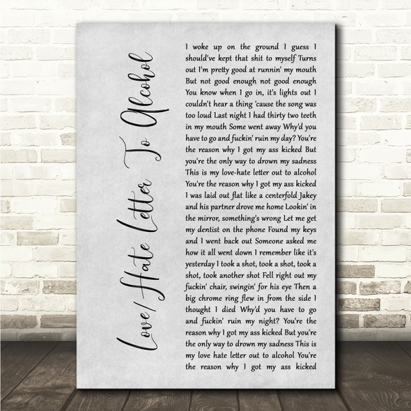Post Malone Love Hate Letter To Alcohol Grey Rustic Script Song Lyric Wall Art Canvas Framed Print